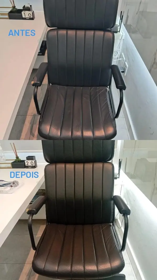 Cadeira de escritório de couro preto antes e depois da higienização