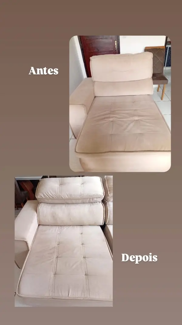 Chaise de sofá bege antes da higienização, com o tecido encardido, e depois, mais claro e limpo