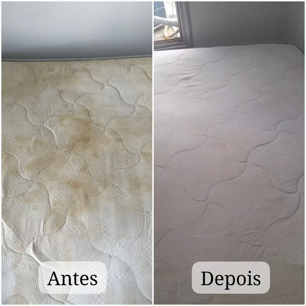 Colchão com manchas amarelas antes da higienização, à esquerda, e branco e limpo depois, à direita